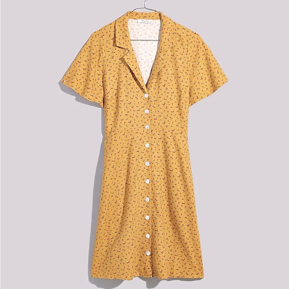 Madewell Kacie Mustard Yellow Floral Linen Blend Mini Shirtdress Bitsy Bouquet